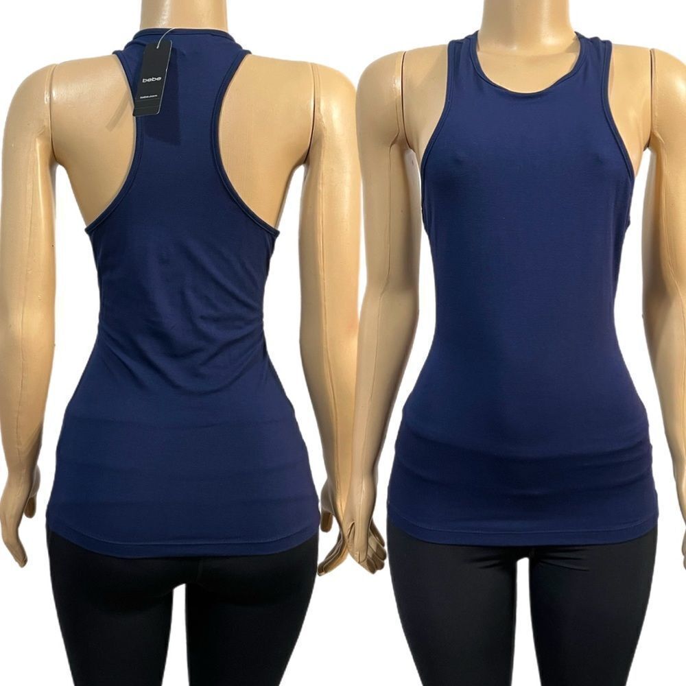 Bebe Sleeveless Side Neck Scoop tank Slim fit New with tags L   Navy